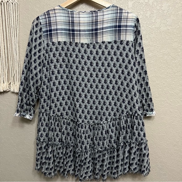 Altar'd State women sz M Frayed Tiered Plaid Floral Blouse - Picture 2 of 7